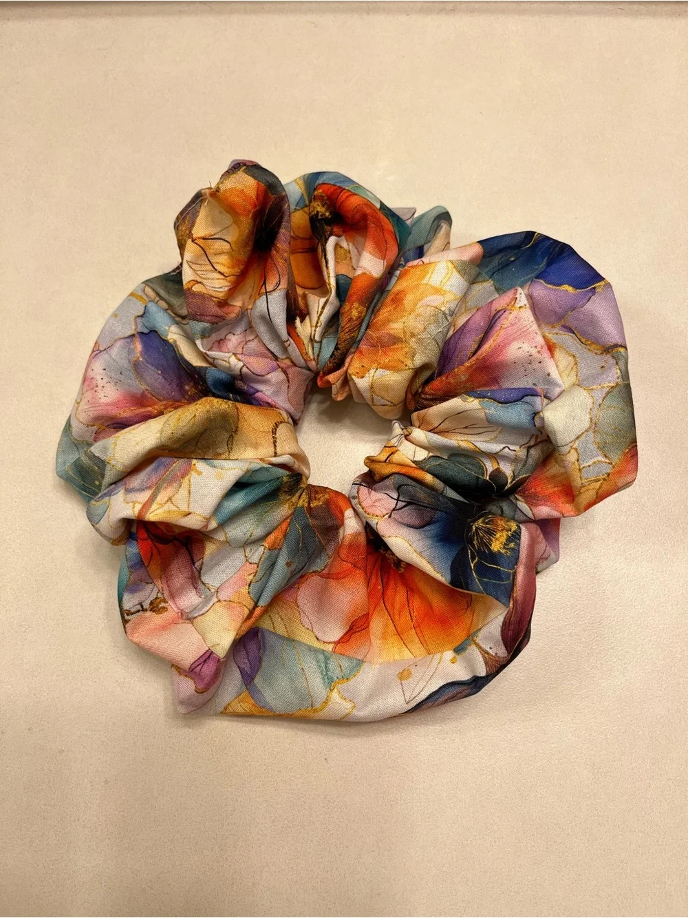 Handmade Watercolor  butterfly floral pink orange blue teal purple scrunchies